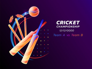 Vector abstract illustration of cricket sport from colored liquid splashes and brush strokes with neon lines and colored dots. Championship and competition concept. Sport equipment.