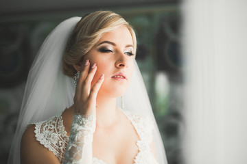 Gorgeous bride in robe posing and preparing for the wedding ceremony face in a room