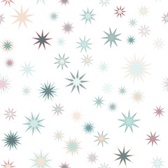 Seamless vector repetitive background with multicolored stars on white background.