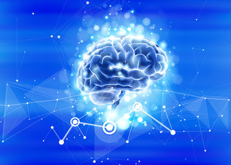 Human brain on a blue technological background surrounded by information fields, neural networks, Internet webs - the concept of modern technology, biotechnology, artificial intelligence. Vector draw