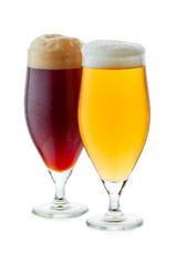Two glasses of pale amber and dark beer