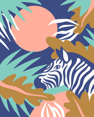 Scandinavian style background with palm leaves and zebra. Cute tropical card. Vector illustration.