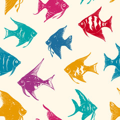 Seamless Vector Pattern with Hand Drawn Colored Contours of Angelfish