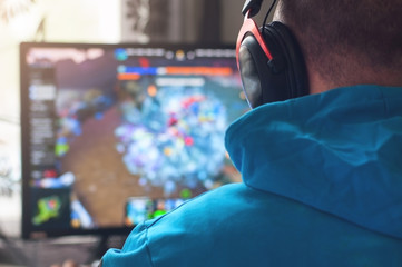 Back view of man playing PC game