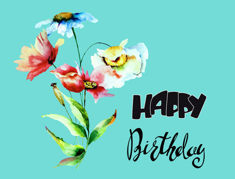 Colorful flowers with title Happy Birthday