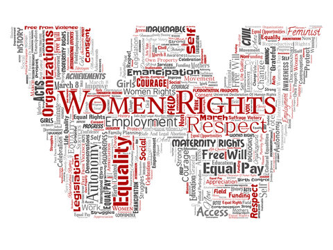 Vector conceptual women rights, equality, free-will letter font W red word cloud isolated background. Collage of feminism, empowerment, opportunities, awareness, courage, education, respect concept