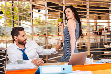 So hot. Inspired dark-haired woman seducing her boss and he refusing