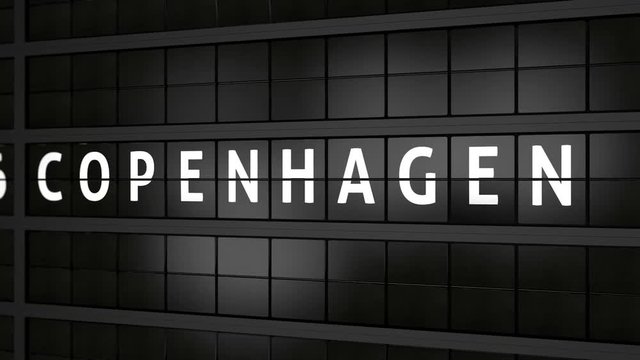3D generated animation, analog flight information display board with the arrival city of Copenhagen