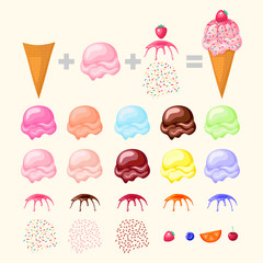 Construct your ice cream. Concept ice cream designer. Cone, ice cream scoops and different toppings