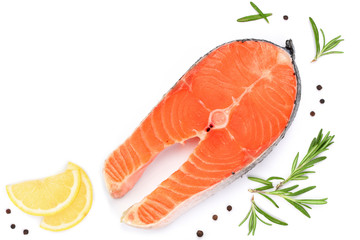 Slice of fish salmon with lemon, rosemary isolated on white background with copy space for your text. Top view. Flat lay
