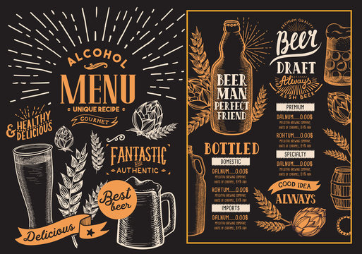Beer drink menu for restaurant and cafe. Design template on blackboard background with hand-drawn graphic illustrations. Vector beverage flyer for bar.