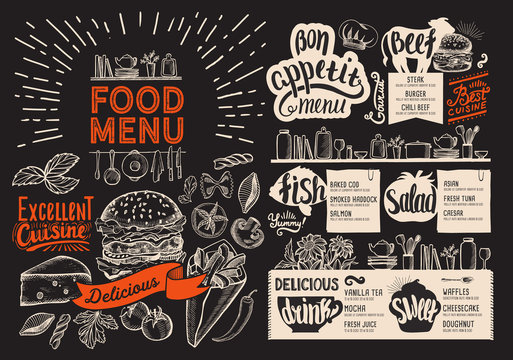 Food menu for restaurant. Vector food flyer for bar and cafe on blackboard background. Design template with vintage hand-drawn illustrations.