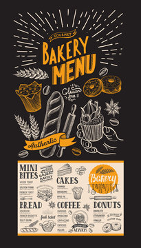 Menu for bakery. Design template with dessert hand-drawn graphic illustrations. Vector food flyer for restaurant.