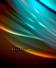 Neon glowing wave, magic energy and light motion background. Vector wallpaper template