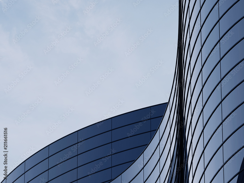 Poster 3d stimulate of high rise curve glass building and dark steel window system on blue clear sky backgr