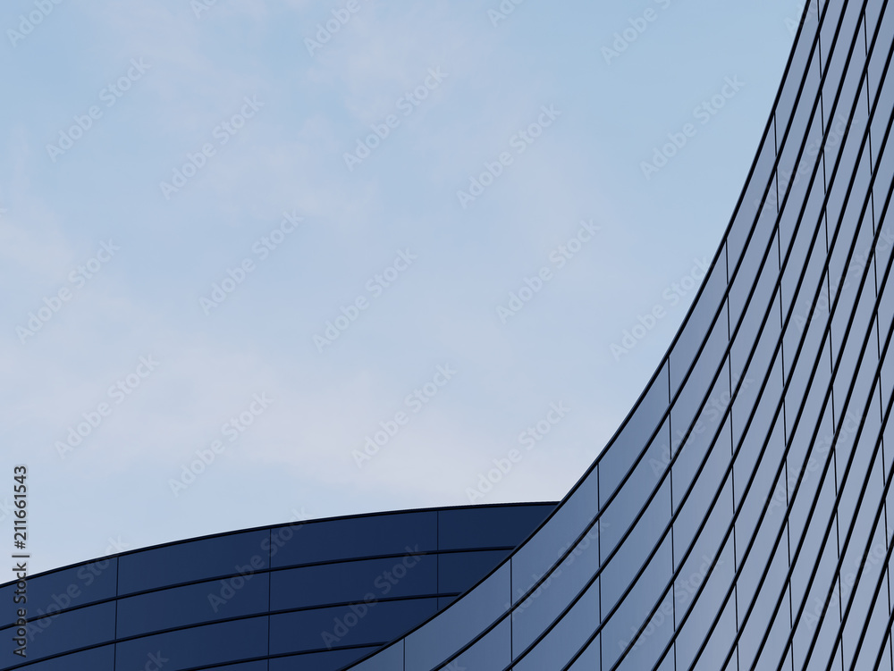 Leinwandbilder 3d stimulate of high rise curve glass building and dark steel window system on blue clear sky backgr