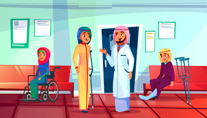 Muslim doctor and patient vector illustration of woman with trauma and crutch or in wheelchair visit traumatologist for consultation. Saudi Arabian people in khaliji and hijab in traumatology clinic