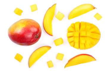Mango fruit and slices isolated on white background close-up. Top view. Flat lay