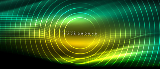 Neon glowing lines, magic energy space light concept, abstract background wallpaper design