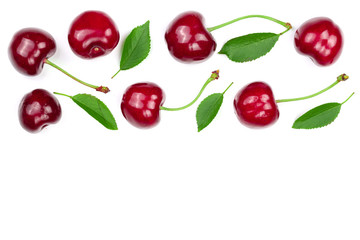 Sweet red cherries isolated on white background with copy space for your text. Top view. Flat lay pattern