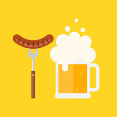 Beer mug with foam and sausage on a barbecue fork. Grilled sausage. Bavarian sausage. Vector illustration flat design. Isolated.