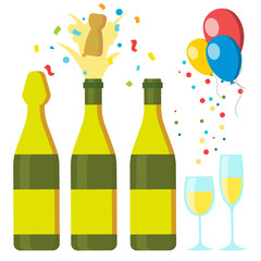 Champagnes Party Vector. Design Elements. Champagne Bottle Explosion. Confetti. Blue Glasses. Isolated Illustration