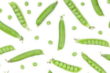 Fresh green pea pod isolated on white background. Top view. Flat lay pattern