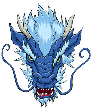 Chinese Dragon Head Blue / Hand drawn illustration of Chinese dragon in blue.