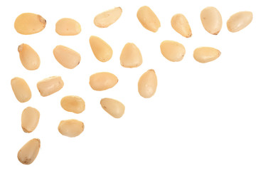 Shelled cedar pine nuts isolated on white background. Top view. Flat lay