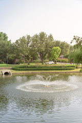 Fototapeta na wymiar Typical community lake with fountain spray in Coppell, Texas, America. Well-groomed tree landscaping and outfall sewer