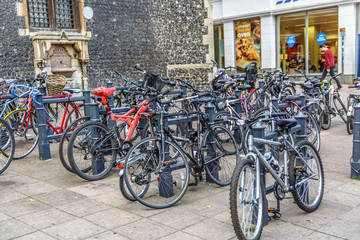 Fototapeta na wymiar Group of bicycles parked in the central area of the city of Norwich