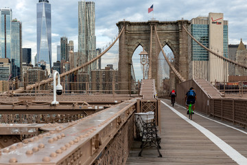 New York City / USA - JUN 20 2018: Brooklyn Bridge with building in Lower Manhattan at early morning in New York City
