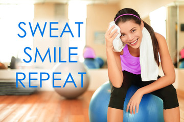 Fitness motivational quote for weight loss motivation. Words SWEAT SMILE REPEAT" on gym background with fit Asian woman sweating doing exercise. Inspirational message text.