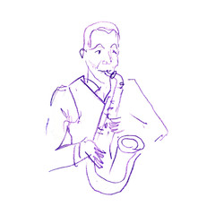 Sketch of a musician with a saxophone. Jazz color pancil illustration. Saxophonist on a white background.