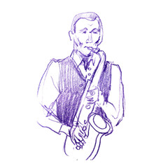 Sketch of a musician with a saxophone. Jazz color pancil illustration. Saxophonist on a white background.