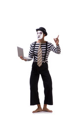 Mime with laptop isolated on white background