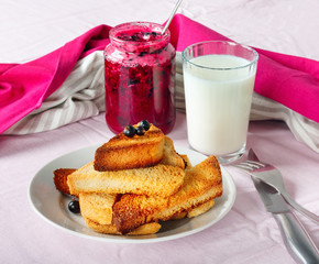 Delicious toasts bread with homemade currant jam with milk