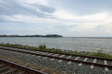 Coastal railway tracks along the ocean. The coast of Sri Lanka