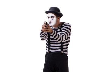 Mime with handgun isolated on white background