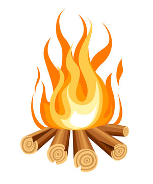 Burning bonfire with wood. Vector cartoon style illustration of bonfire. Isolated on white background