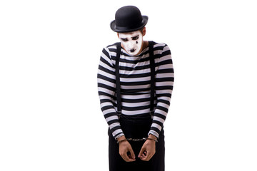 Mime with handcuffs isolated on white background