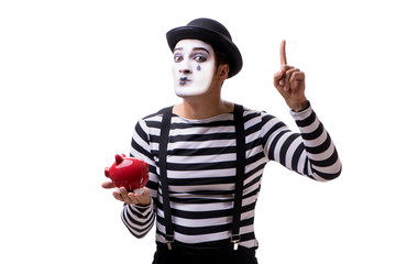 Mime with piggybank isolated on white background 