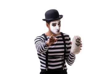 Mime with moneybag isolated on white background
