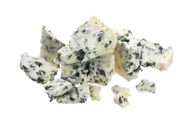 Gordijnen Danish blue cheese isolated on white background with clipping path © xamtiw
