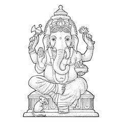 Ganpati with mouse for poster Ganesh Chaturthi. Engraving vintage vector - obrazy, fototapety, plakaty