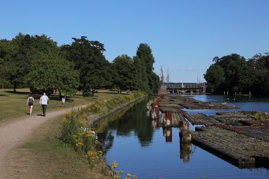 walk at the picturesque old lock of the Kiel-Canal in Holtenau