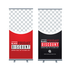 Roll Up banner template. Horizontal design. Black and red banner design. Black Friday sale poster. Sale voucher. Gift card. Facebook banner. Vector Illustration