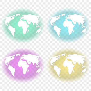Abstract image of the earth with white continents with transparent backlighting of turquoise, green, feulette and yellow background colors. Vector illustration on a transparent background.