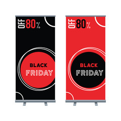 Roll Up banner template. Horizontal design. Black and red banner design. Black Friday sale poster. Sale voucher. Gift card. Facebook banner. Vector Illustration