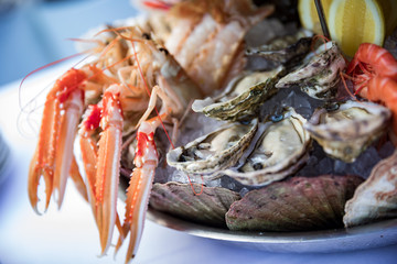 Shrimp, mussels and seafood served on the restaurant table